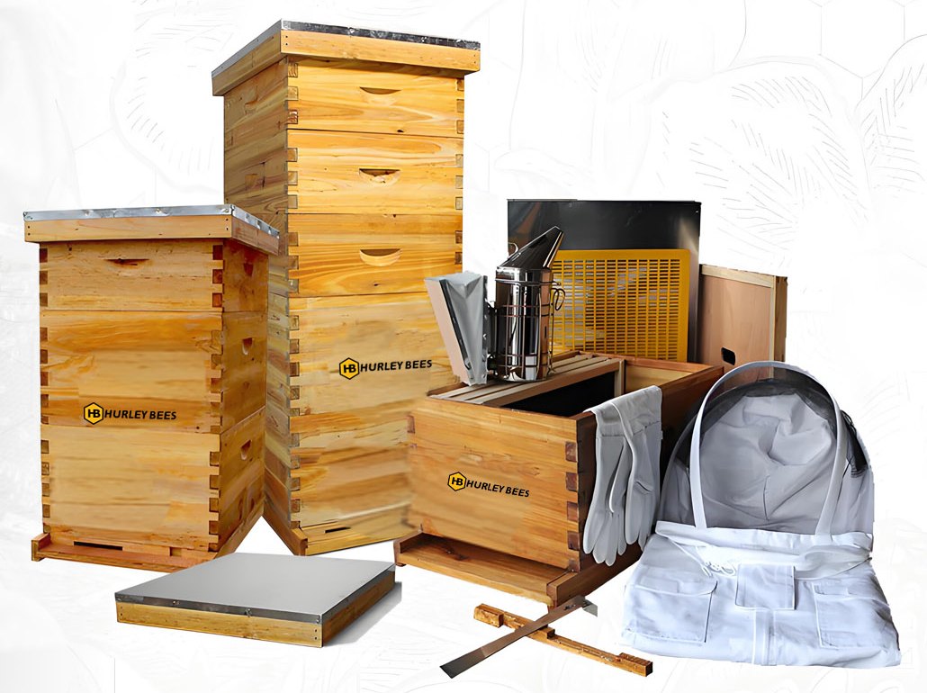 Hurley Bee Supply wooden hive boxes, smoker, queen excluder, hive tool, gloves and bee suit